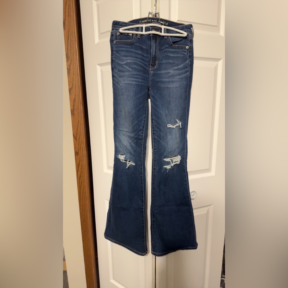 American Eagle Outfitters Blue Flare Jeans with Distressed Details